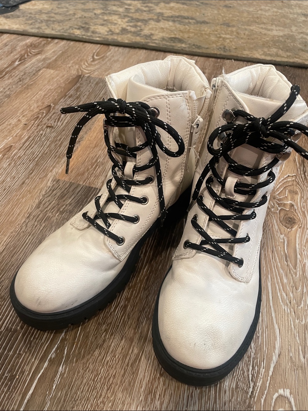 Girls Cream Lace-Up Combat Boots with Black Sole